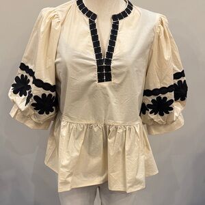 Entro Cream Blouse with Black Floral Accents